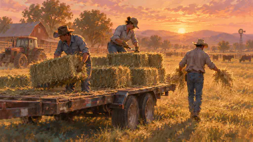 Three fully clothed adult ranch workers in work shirts spread hay from a flatbed trailer across a pasture with a tractor and a barn in the golden haze.