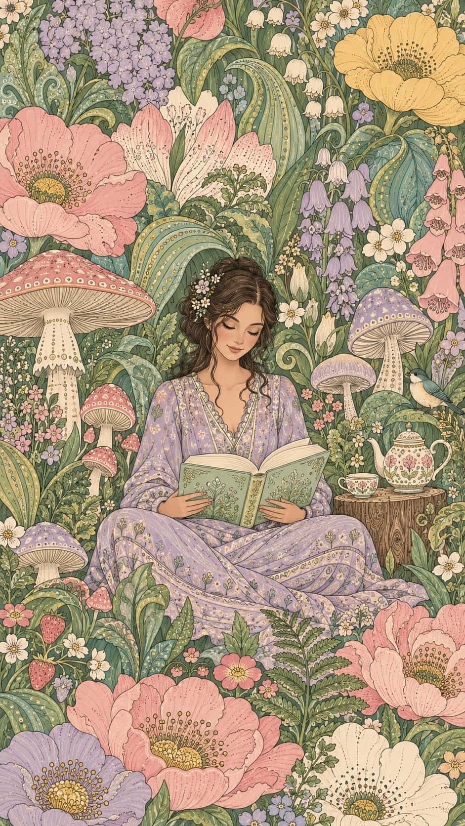 A fictional adult woman sits cross legged reading a blank pastel book at the centre of a dense garden of oversized blooms, leaves and mushrooms with a small teapot on a stump beside her.