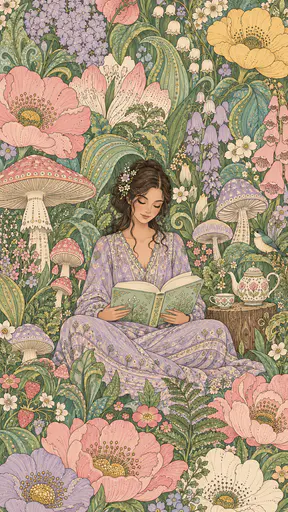 A fictional adult woman sits cross legged reading a blank pastel book at the centre of a dense garden of oversized blooms, leaves and mushrooms with a small teapot on a stump beside her.