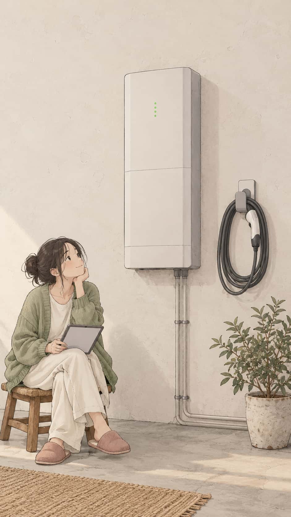 A fictional adult woman in an oversized cardigan slouches on a low stool beside a wall mounted white home battery with a row of green status dots in a muted lo fi anime illustration with a plaster wall.