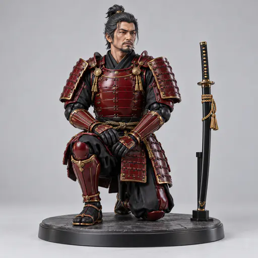 A fictional adult samurai figure in deep red armor kneels beside a katana in a black scabbard on a display stand in a jointed resin collectible with visible articulation gaps.