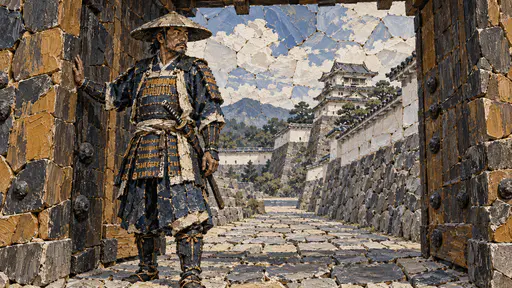 A fictional adult samurai in armor and a wide hat stands watch in the open wooden gateway of a castle wall in an opaque painting across irregular ceramic shards.