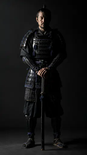 A fictional adult samurai in dark lacquered armor stands upright with both hands on the pommel of a sheathed katana in a hard side lit studio portrait photograph.