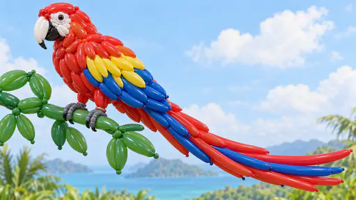 A fully grown scarlet macaw parrot built from red, yellow and blue twisted balloon tubes perches on a balloon branch with a long curved tail against a pastel sky.