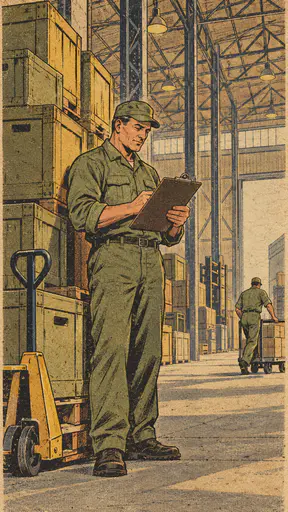 A fictional adult man service member in an olive work uniform checks a plain clipboard beside stacked supply crates in a faded newsprint comic with displaced colour edges.