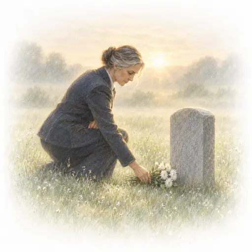 A fictional adult woman service member in a dark uniform lays a small bunch of white flowers at a plain stone memorial in a quiet green field in a soft powdery pencil illustration.