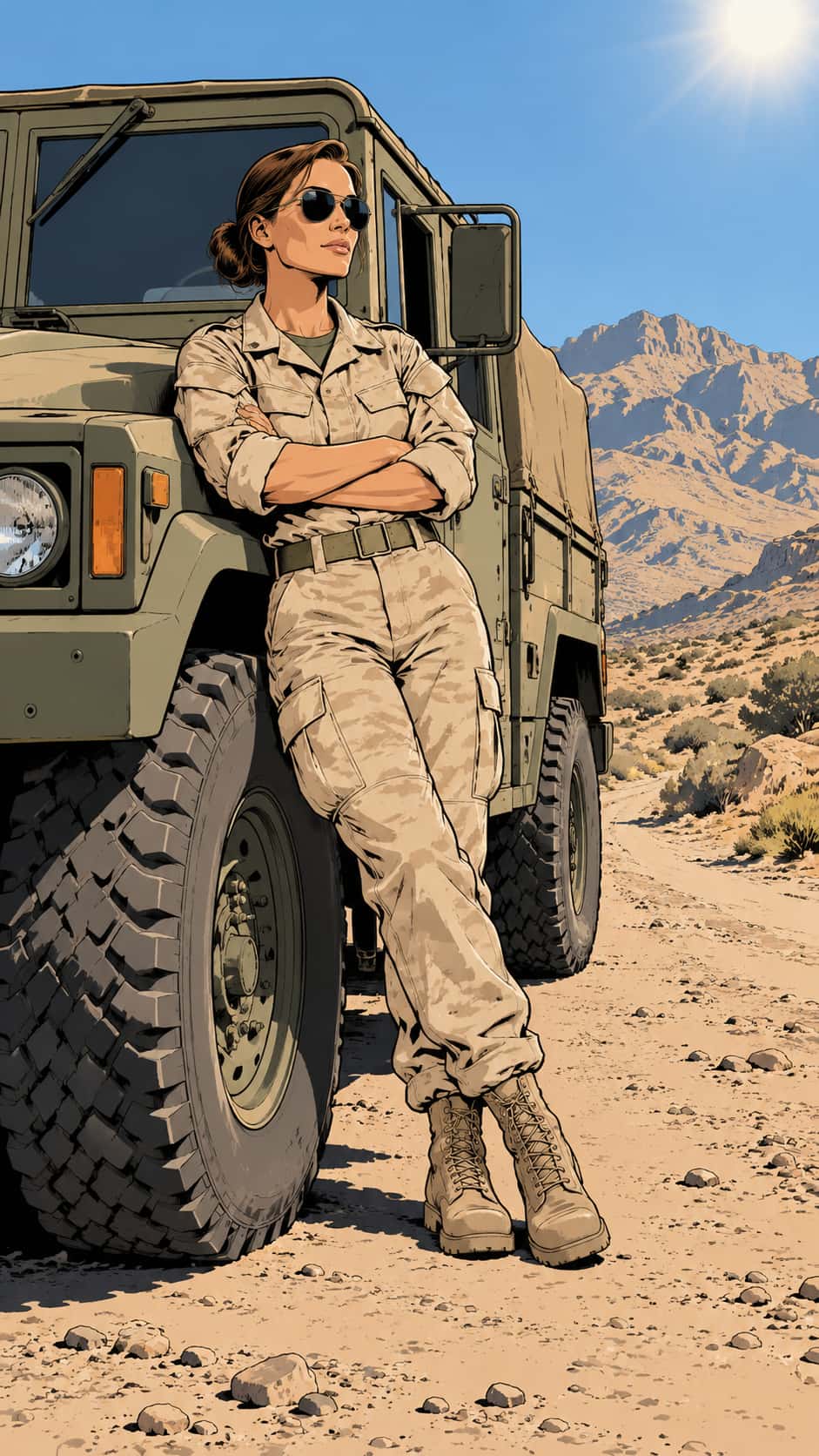 A fictional adult woman service member in a desert uniform leans against the front wheel of a plain utility truck on a dusty road in a bold inked comic cover drawing.