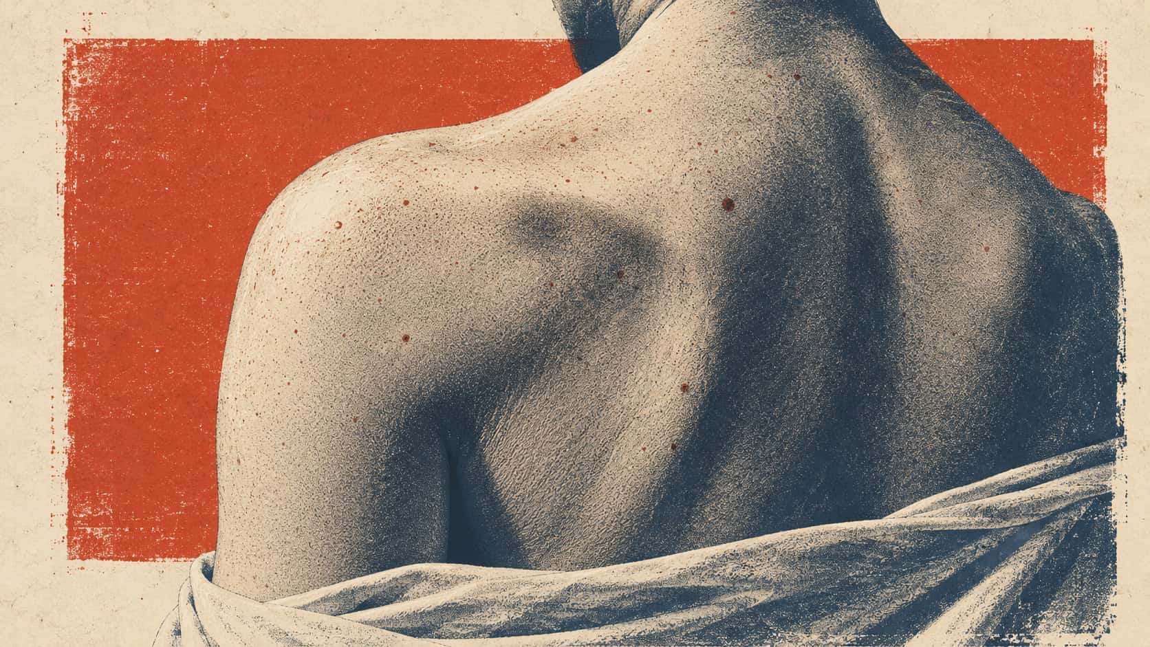 A fictional adult shoulder and upper back beneath a plain cloth is printed in slate blue and vermilion on ivory paper with stippled shadows, a few moles and a vermilion block.