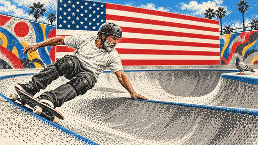A lone adult skater in his forties with a grey beard in a helmet carves the lip of a concrete skate bowl under a huge painted flag on the back wall with murals and a pigeon watching from the coping.