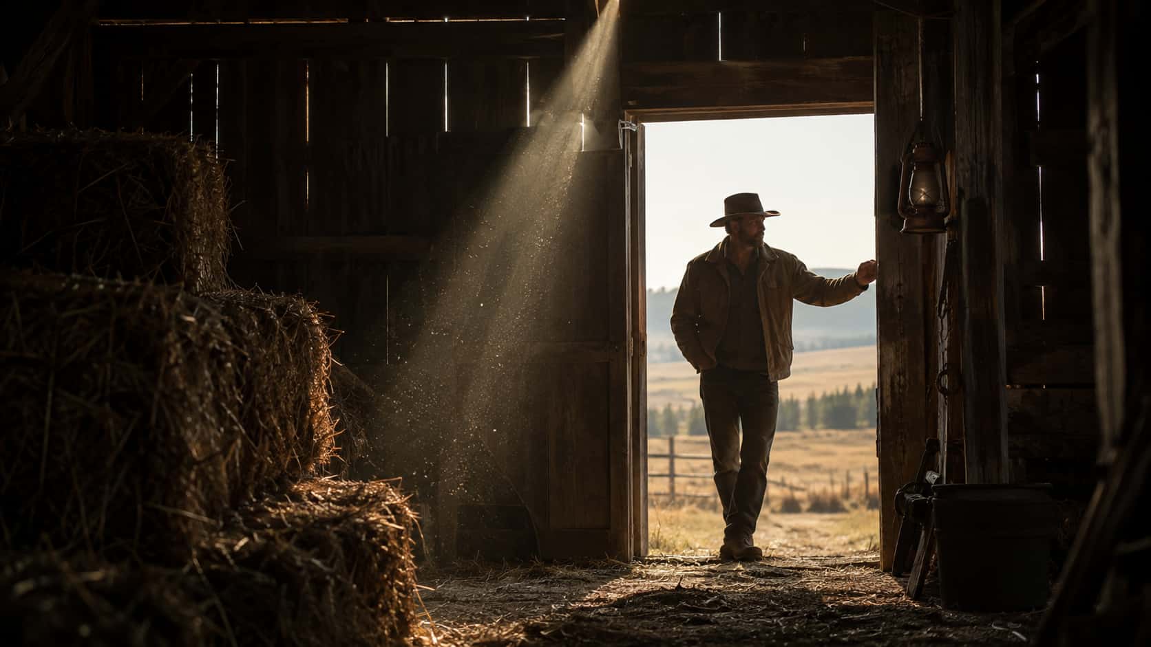 A fully clothed adult in a canvas coat and a worn hat stands in the open doorway of a weathered timber barn with a hand on the door frame as dust drifts in a beam of light.