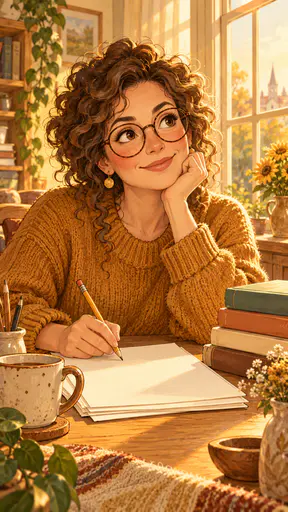 A fictional adult woman teacher with curly hair and round glasses in an amber sweater reviews a lesson plan with a pencil at a desk with books and a mug in golden light.
