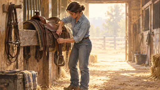 A fully clothed adult in a work shirt and jeans leans over a saddle on a stable rail tightening the girth strap and checking the stirrup in a sunlit stable aisle.