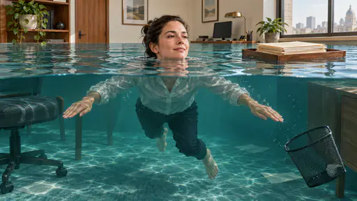 Keeping your head above water: a calm adult treads chin-deep floodwater inside a drowned office, face above the surface, dry folders on a floating tray, paddling below.