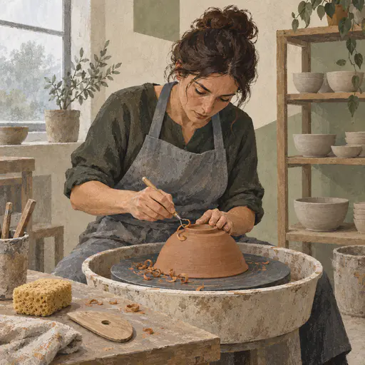 A fully clothed adult in a grey apron trims the foot of an upturned leather hard bowl on a wheel with a loop tool as clay curls fall beside a sponge and a wooden rib.