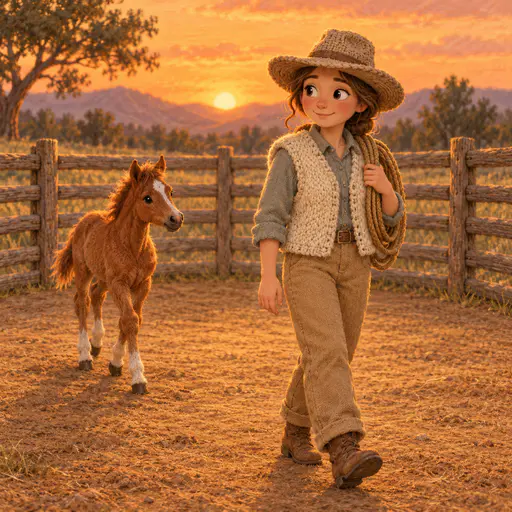 A fully clothed adult in a woolly vest and a wide brimmed hat walks through a round timber corral with a rope over one shoulder followed by a young foal in knit texture.