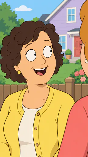 A fictional adult woman with a short curly bob in a yellow cardigan laughs while chatting with a neighbour over a garden fence in a flat colour sitcom cartoon.