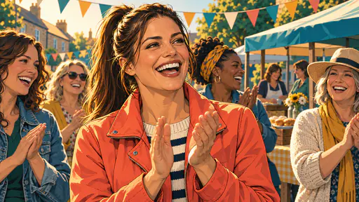 A fictional adult woman with a high ponytail in a coral jacket claps and laughs among adult neighbours at a street fair with plain bunting in a bold cel shaded illustration.