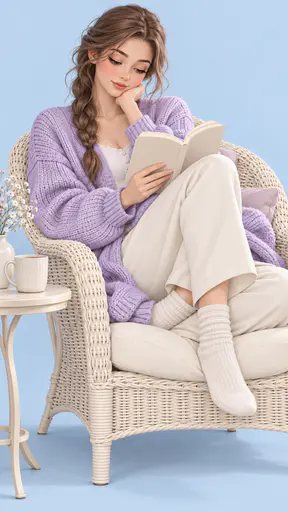 A fictional adult woman with a loose braid in a lilac knit cardigan curls up in a pale wicker armchair reading a plain paperback beside a mug on a pale blue ground.