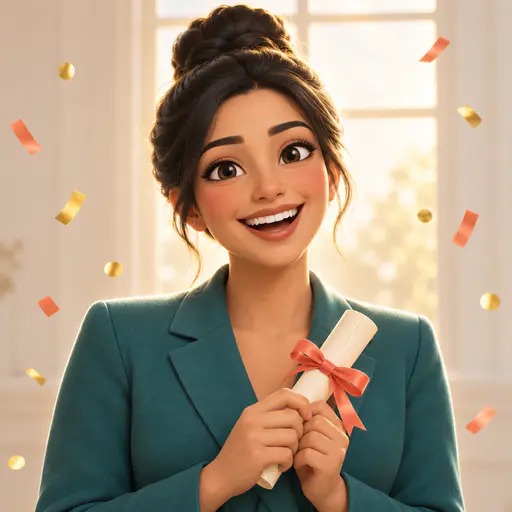 A fictional adult woman with a black bun in a teal blazer laughs with joy holding a plain rolled certificate with a ribbon as confetti drifts in front of a bright window.