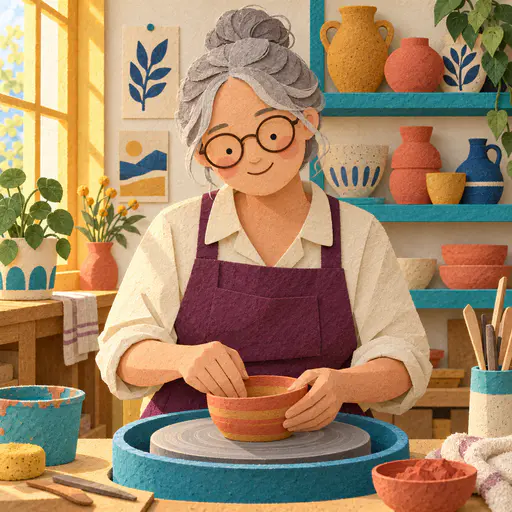 A fictional adult woman with a grey bun and round glasses in a plum apron shapes a clay bowl on a pottery wheel in a layered cut paper illustration with shelves of pots.