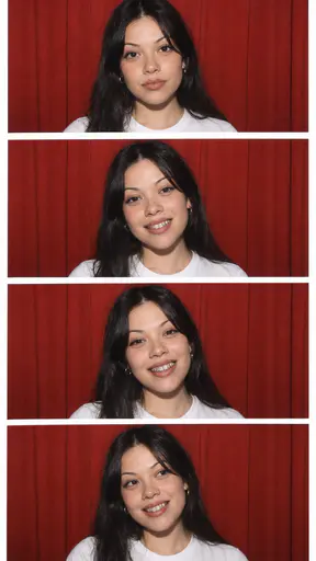 A fictional adult woman in a white tee smiles calmly with plain gem set grillz on her upper teeth across four frames in a photo booth strip with white gutters.
