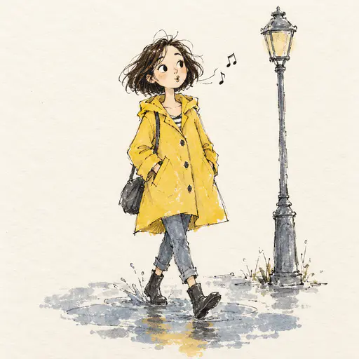 A fictional adult woman in a yellow raincoat walks and whistles with small round lips and two little music notes in a loose ink and dry paint sketch on warm paper.