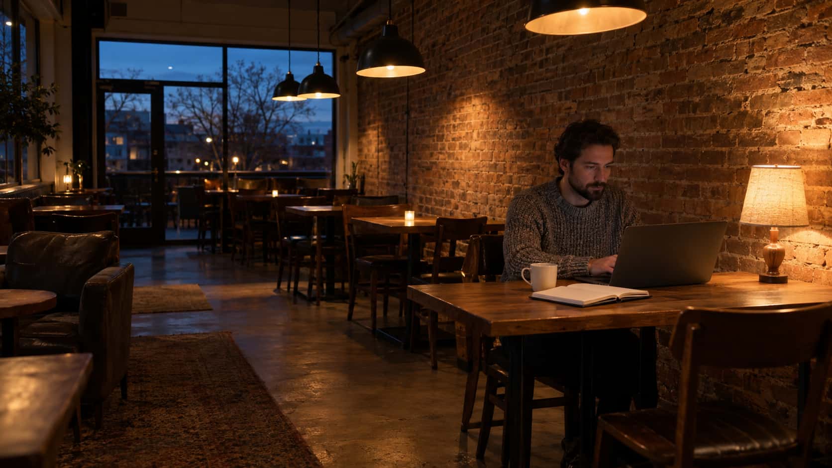 A fully clothed adult in a knit sweater works at a laptop at a wooden cafe table with a coffee and a notebook under a row of pendant lamps with dusk light in the window.