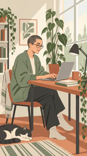 A fictional adult with a soft buzz cut and round glasses in a green cardigan types on a laptop at a small desk by a window in a lean line drawing with floating colour fields.