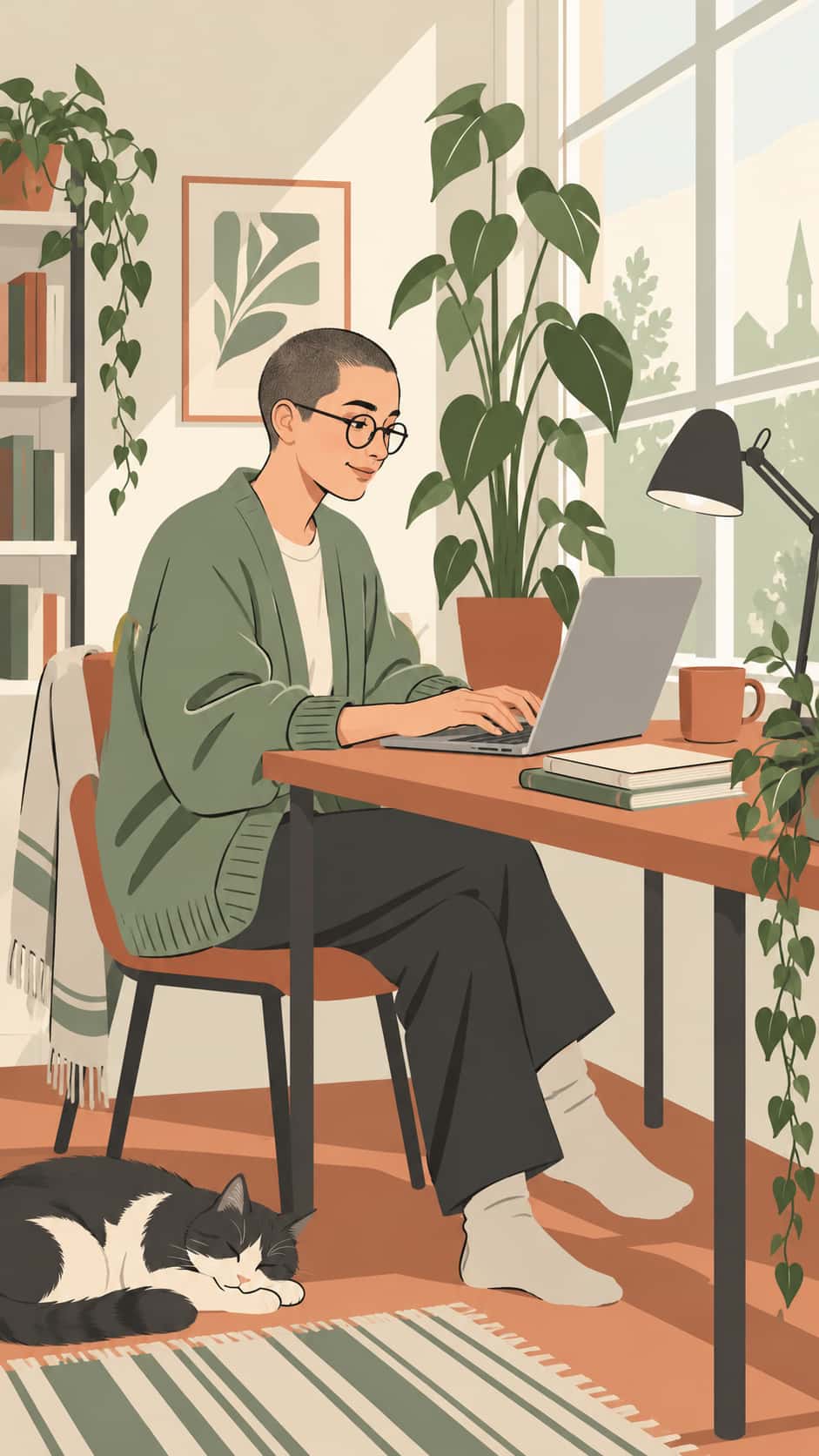 A fictional adult with a soft buzz cut and round glasses in a green cardigan types on a laptop at a small desk by a window in a lean line drawing with floating colour fields.