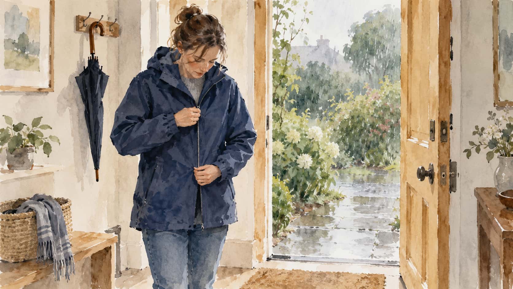 A fully clothed adult zips up a navy rain jacket at a front door beside an umbrella on a hook with a rainy garden beyond in wash and ink.