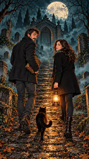 A woman with a glowing lantern and a man with an old book stand with a black cat on a cobbled path facing a fog wrapped crypt gate under a huge moon.