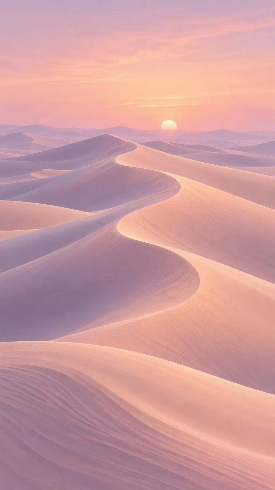 Smooth rolling airbrushed dune ridges in dusty rose, pale peach and soft lavender with fine flowing contour lines beneath a blush sky and a small pale sun.