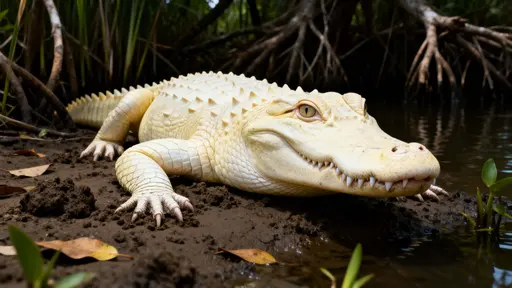 An albino crocodile rests on a muddy riverbank in a shaded tropical wetland, its pale armored body and white jaws contrasting with deep green-brown water, roots, and reeds.