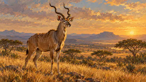 An antelope with long spiral horns stands alert in open wilderness with dry golden grass and scattered acacia trees behind it and warm late light on its tawny coat.