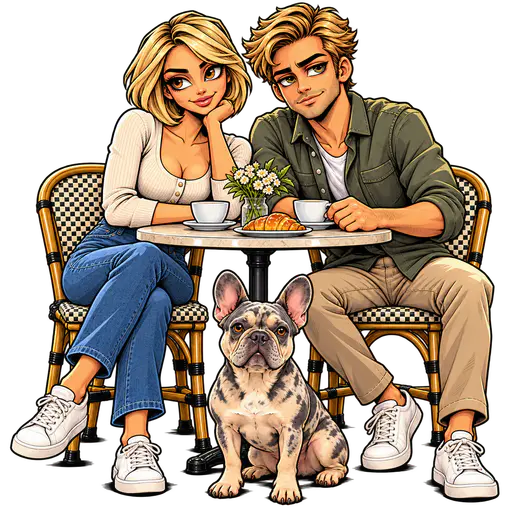 Bold-outline cartoon of a blonde woman and a man with coffee at a bistro table and a merle French bulldog, in warm amber and khaki colors on a transparent background