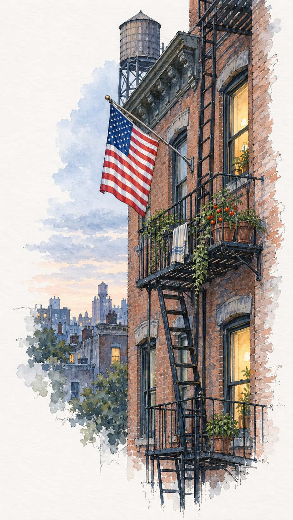 An American flag hangs from a pole bracket on a brick apartment wall beside a black iron fire escape with potted tomato plants and a folded towel in an ink and watercolor sketch.