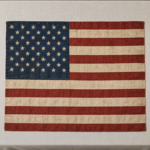 The American flag is made of thirteen joined cotton strips, seven dyed rust red and six unbleached, with an indigo canton of cleared star shapes lying flat on a pale linen ground.