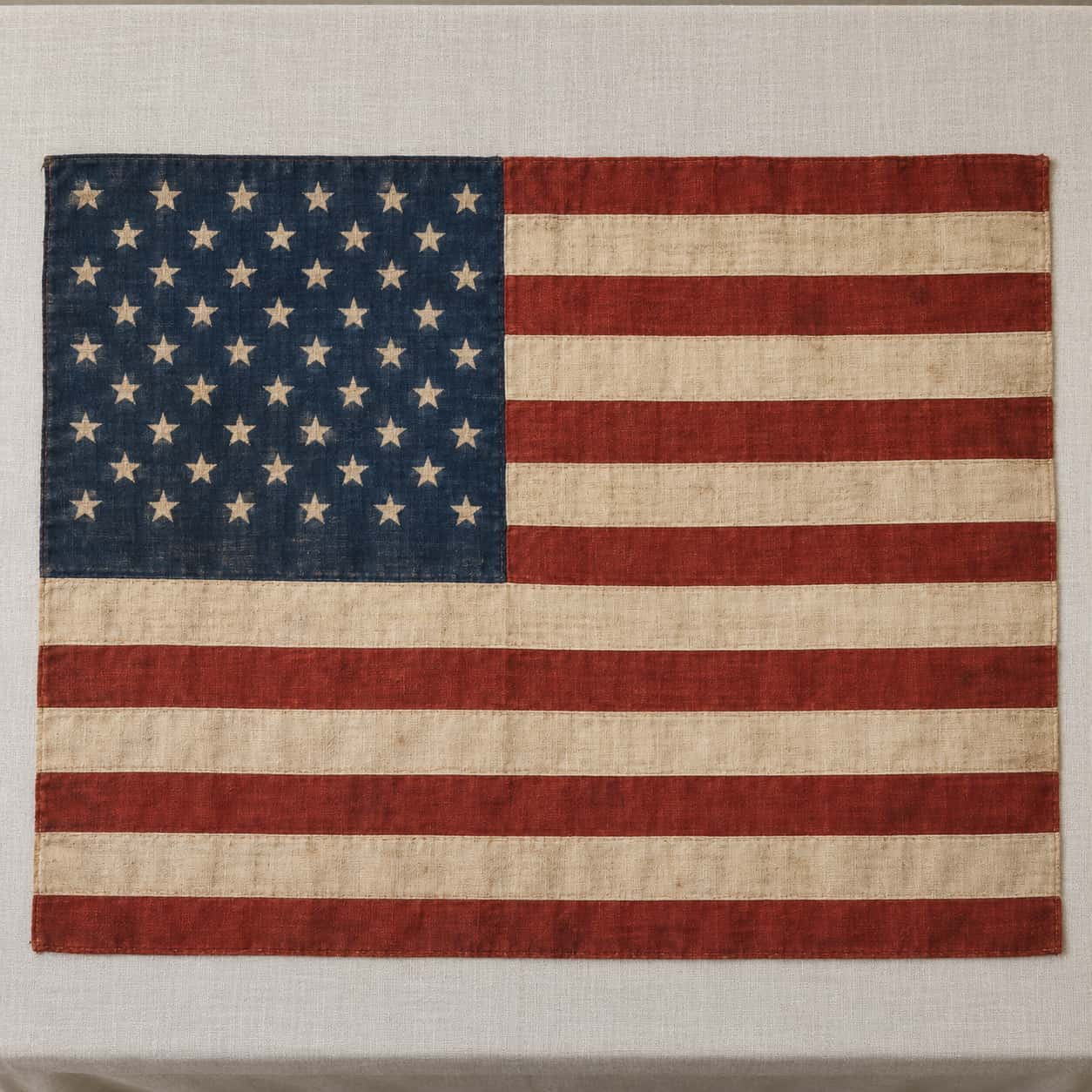 The American flag is made of thirteen joined cotton strips, seven dyed rust red and six unbleached, with an indigo canton of cleared star shapes lying flat on a pale linen ground.