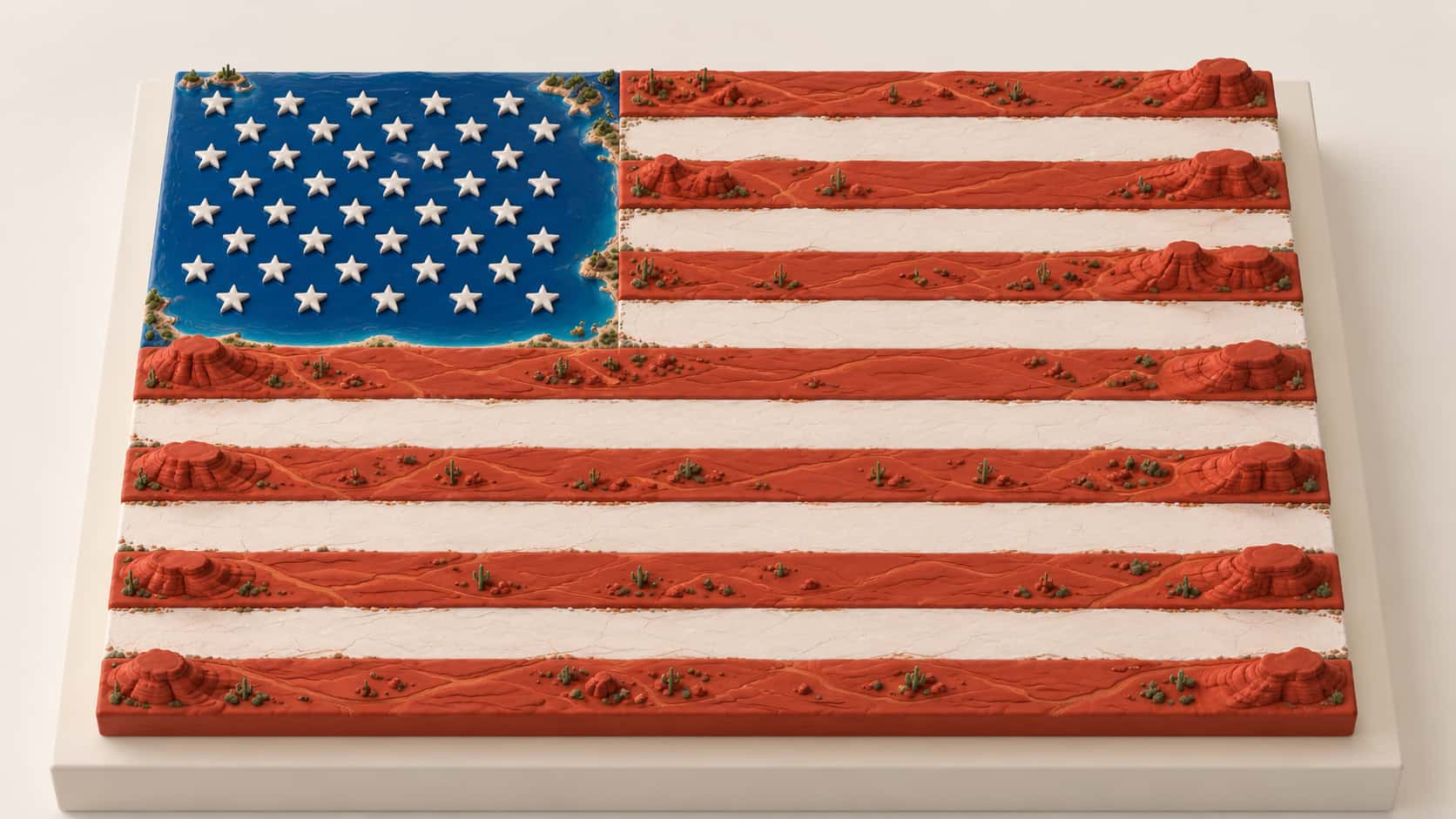 A polymer clay miniature landscape seen from above forms the American flag with thirteen bands of red mesas and pale salt flats and a blue lake canton with tiny white stones for stars.