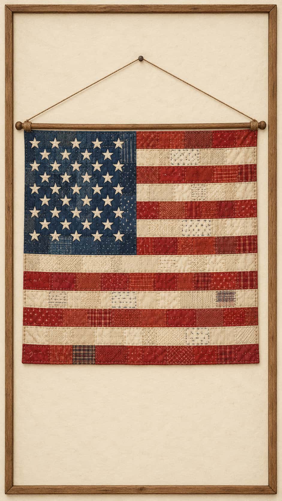 The American flag is built as folk patchwork with red work shirt stripes, unbleached cotton white stripes and a denim canton with small white star patches and visible stitched repairs on a cream ground.
