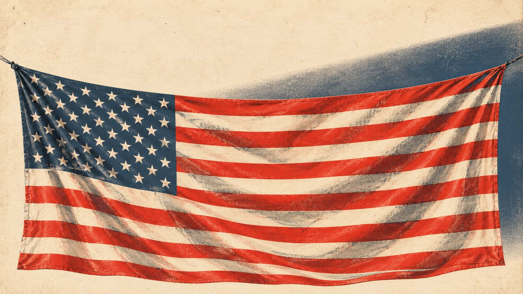 The American flag ripples across the lower part of an ivory sheet in vermilion and slate blue with halftone shading, a long diagonal shadow and an empty paper band across the top third.