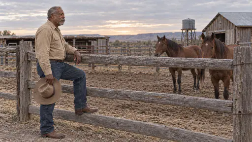 A Black cowboy in his early sixties with a thick grey moustache and a worn felt hat in his hand stands with one boot on the lowest rail of a weathered corral fence at dawn, two horses beyond and low ranch buildings behind.