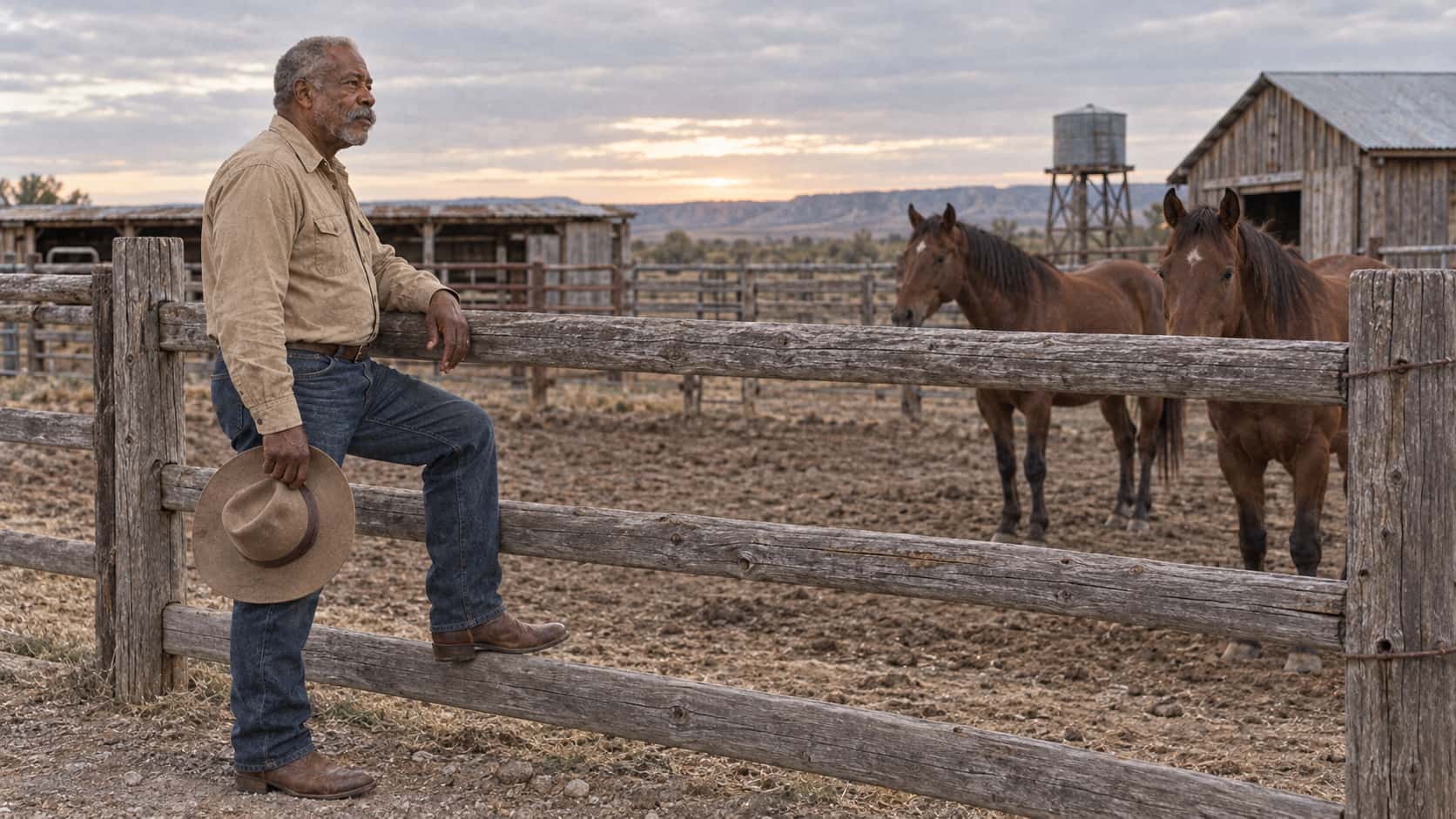 A Black cowboy in his early sixties with a thick grey moustache and a worn felt hat in his hand stands with one boot on the lowest rail of a weathered corral fence at dawn, two horses beyond and low ranch buildings behind.
