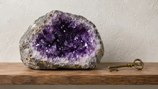 A half amethyst geode with a rough grey rind and a cavity of deep violet crystals rests on a plain wooden shelf beside a small brass key against a pale plastered wall in soft window light.