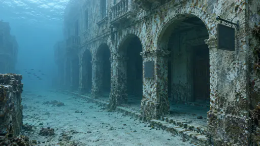 An arched colonnade runs along the edge of a drowned building with each arch opening onto the flooded street beside it in hazy blue water.