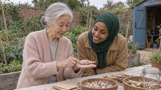 A very small elderly woman with a low silver bun in a dusty-pink cardigan holds a split dried bean pod open on her palm showing large speckled beans while a young woman in a green hijab and camel jacket bends close to look in soft afternoon light.
