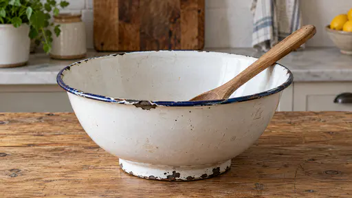 An enamel bowl stands on a scrubbed table with a chipped rim showing dark iron beneath the white, a worn base ring and a faded blue band with a wooden spoon resting inside in soft kitchen light.