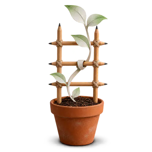 An idea needs a trellis: a delicate plant made of blank paper sketches climbs a trellis built from wooden pencils tied with twine in a small pot of soil. Where a stem curls around a pencil rung it rises upright and lifted; the single stem with no support sags in a loose arc. A promising idea benefits from a structure that supports its development.