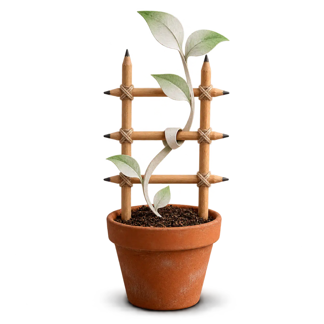 An idea needs a trellis: a delicate plant made of blank paper sketches climbs a trellis built from wooden pencils tied with twine in a small pot of soil. Where a stem curls around a pencil rung it rises upright and lifted; the single stem with no support sags in a loose arc. A promising idea benefits from a structure that supports its development.