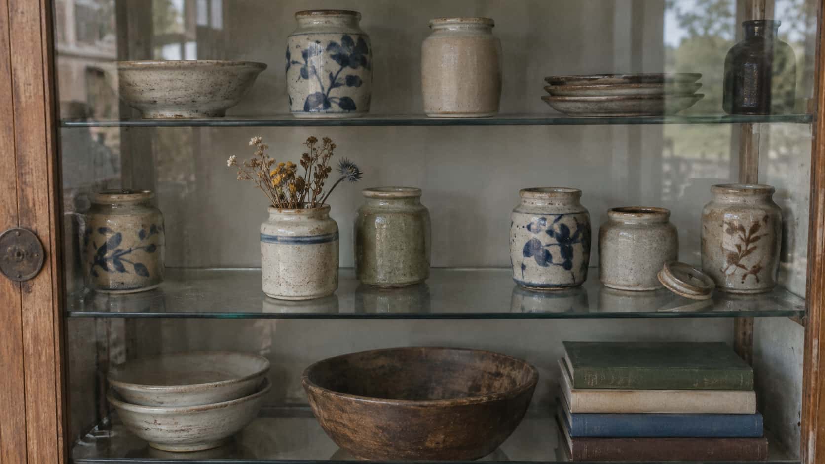 A glass-fronted cabinet holds an incomplete collection of small ceramic jars, six in a row with two clear gaps, one jar pulled forward holding a few dried flowers and one open with its lid beside it in diffuse light.